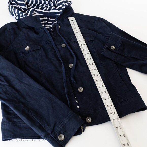 Splendid Navy Hooded Denim Jacket Striped zip-up M, Casual Coastal Preppy - Picture 8 of 9